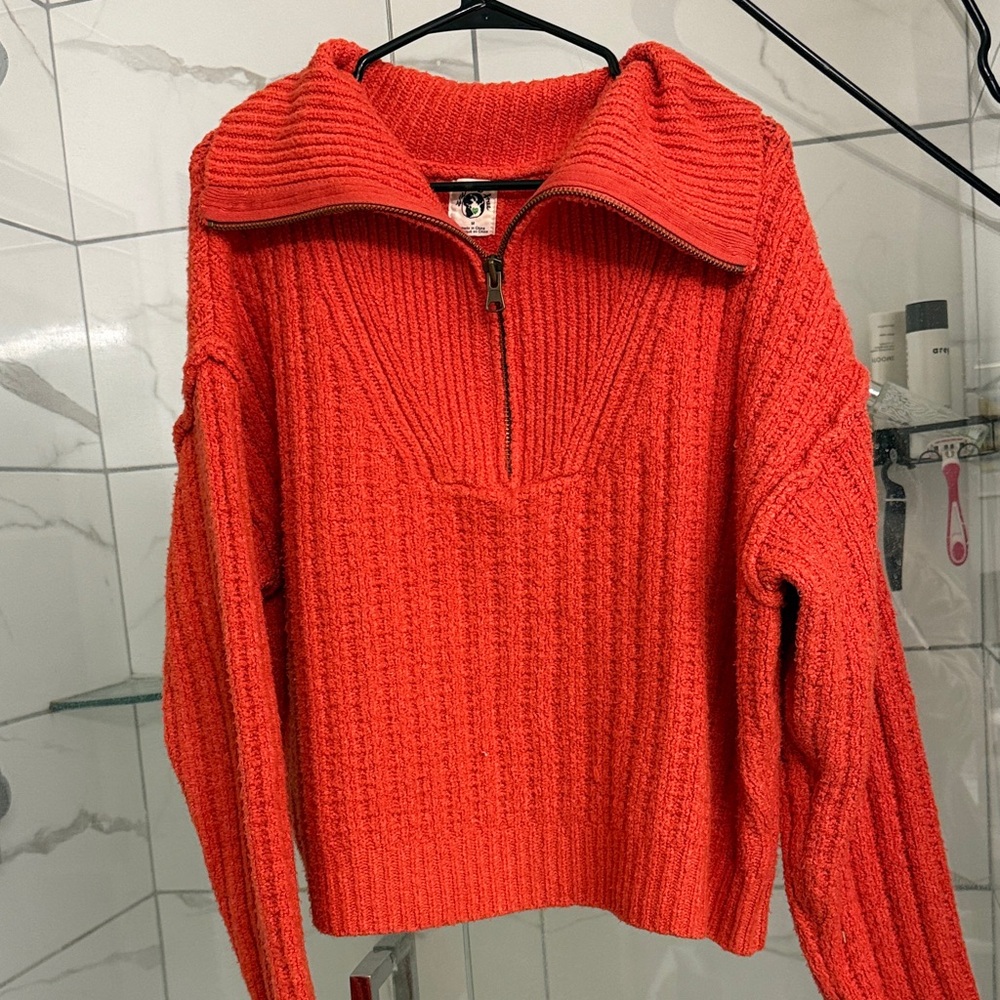 Free people Cozy Half-Zip Red Ribbed Sweater